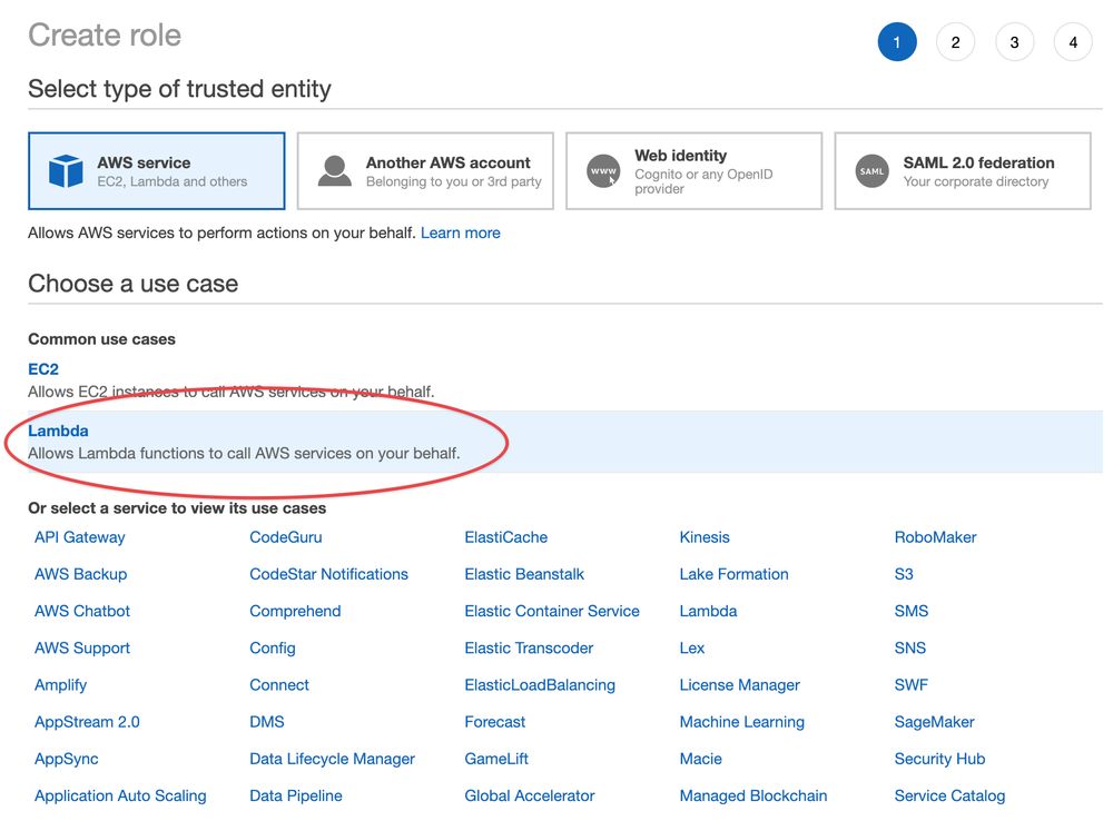 Identity and Access Management (IAM) create role screen